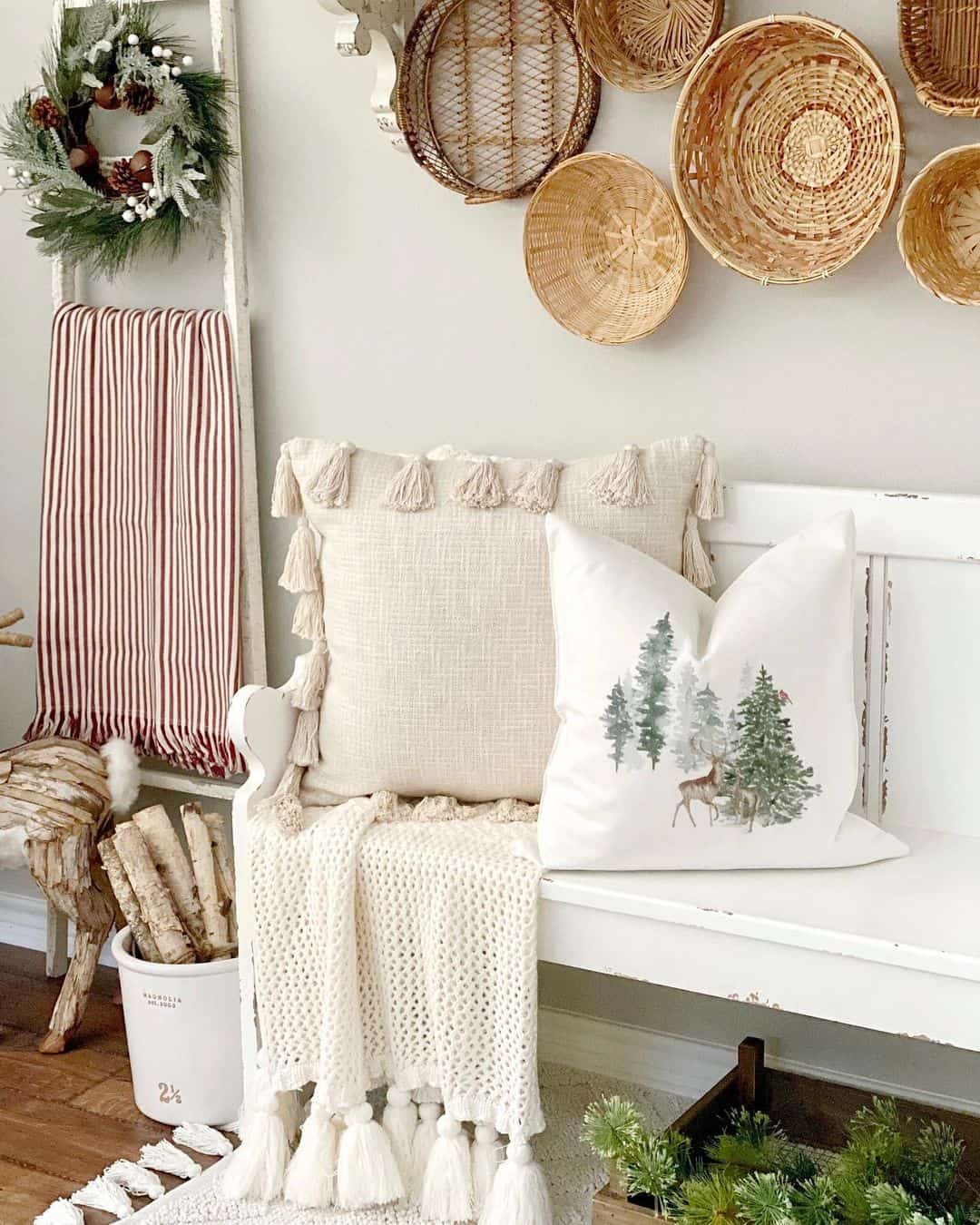Ladder Display Holds Striped Blanket and Wreath for Seasonal Flair