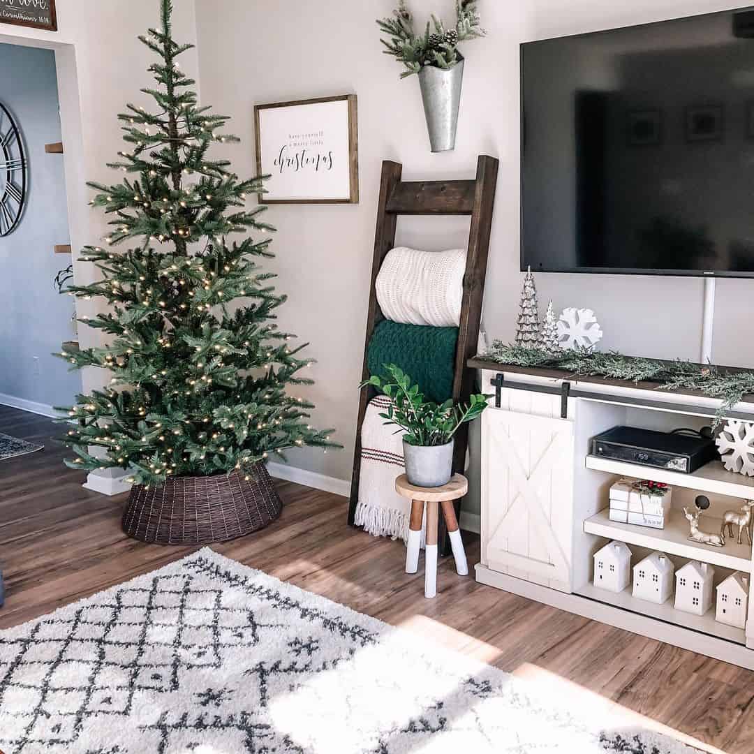 Dark Wood Ladder Displays Cozy Throws and a Potted Plant