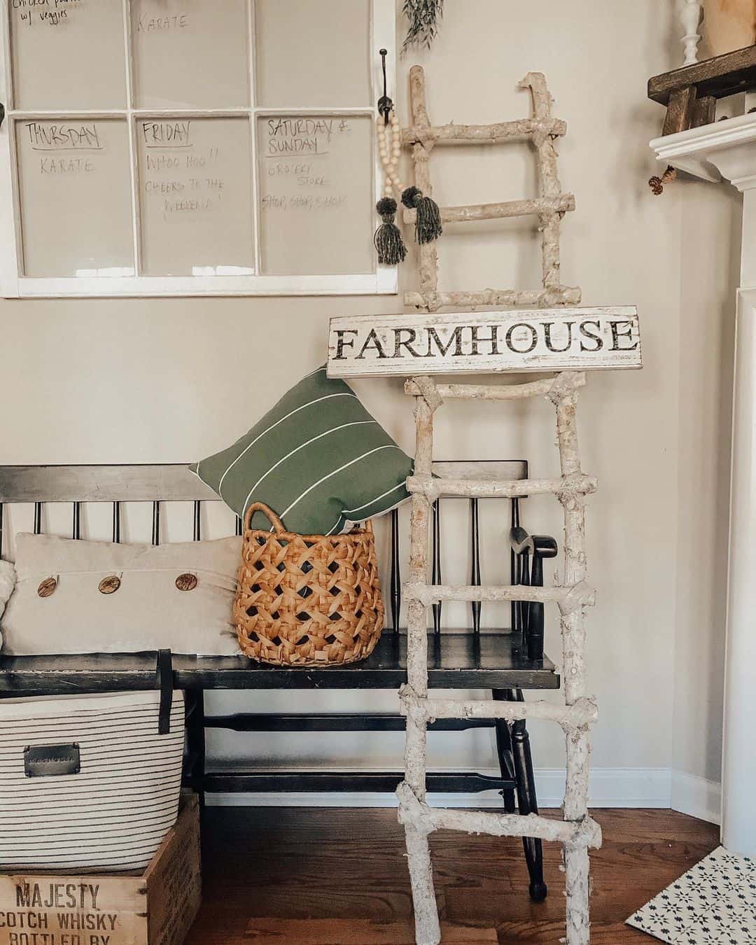 Branch Ladder Displays a Farmhouse Sign and Pillow