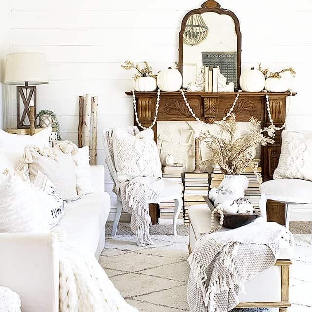 Decorate Your Mantel with White Pumpkins and Beads