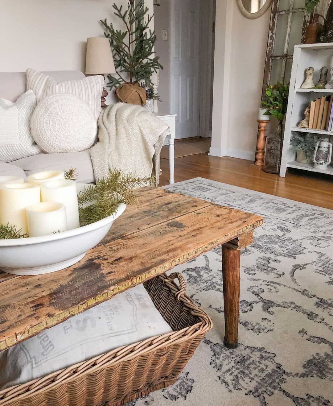 Distressed Wood Coffee Table With Woven Storage Basket