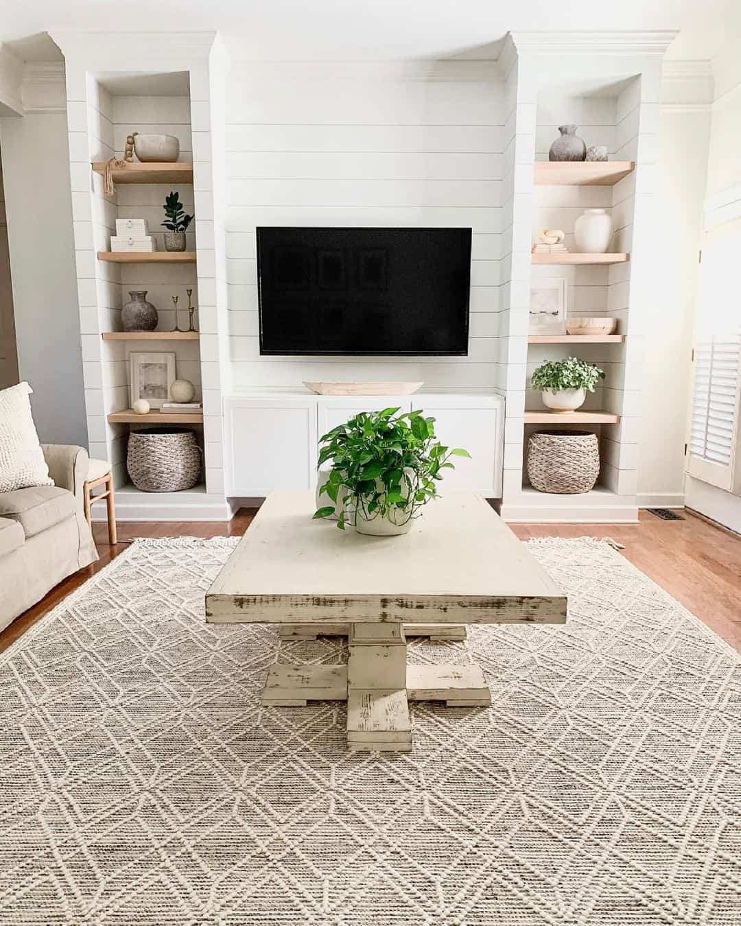 Wood Shelves Contrast Shiplap and White Cabinets