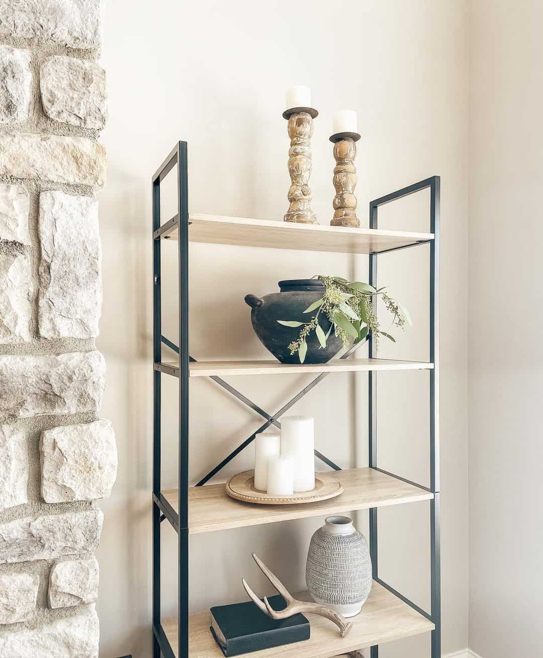 Carved Wooden Candlesticks Add Rustic Charm to Open Shelving