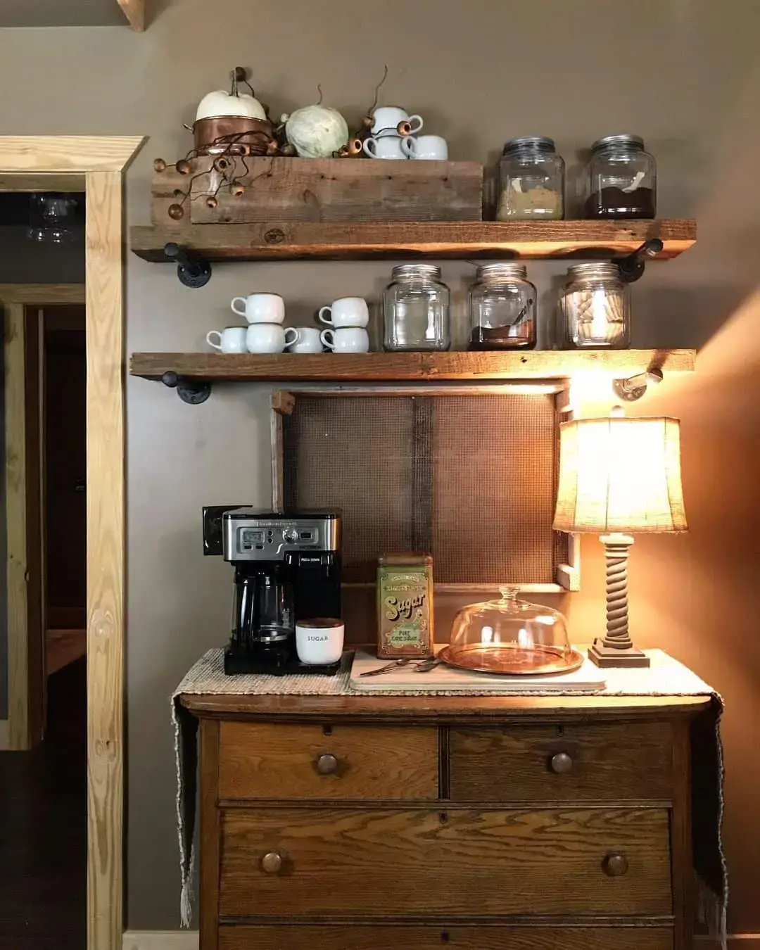 Rustic Shelving Holds Coffee Mugs and Seasonal Accents