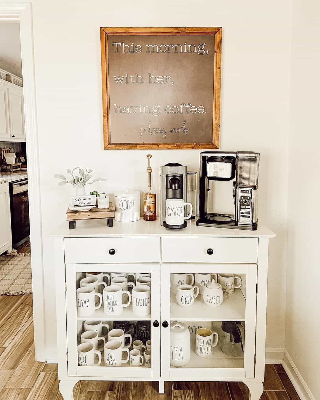 Glass-fronted cabinet displays a collection of novelty mugs