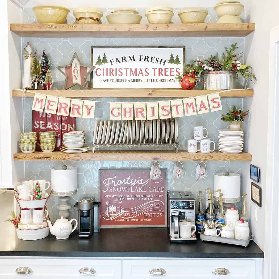 Tiered Tray Displays Festive Holiday Mugs and Treats
