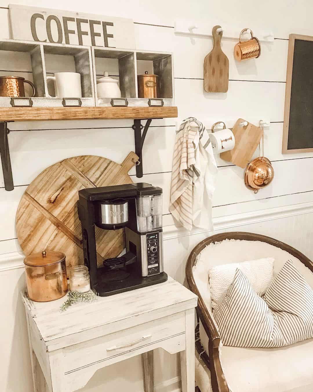 Galvanized Cubbies and Copper Mugs Create a Rustic Coffee Display