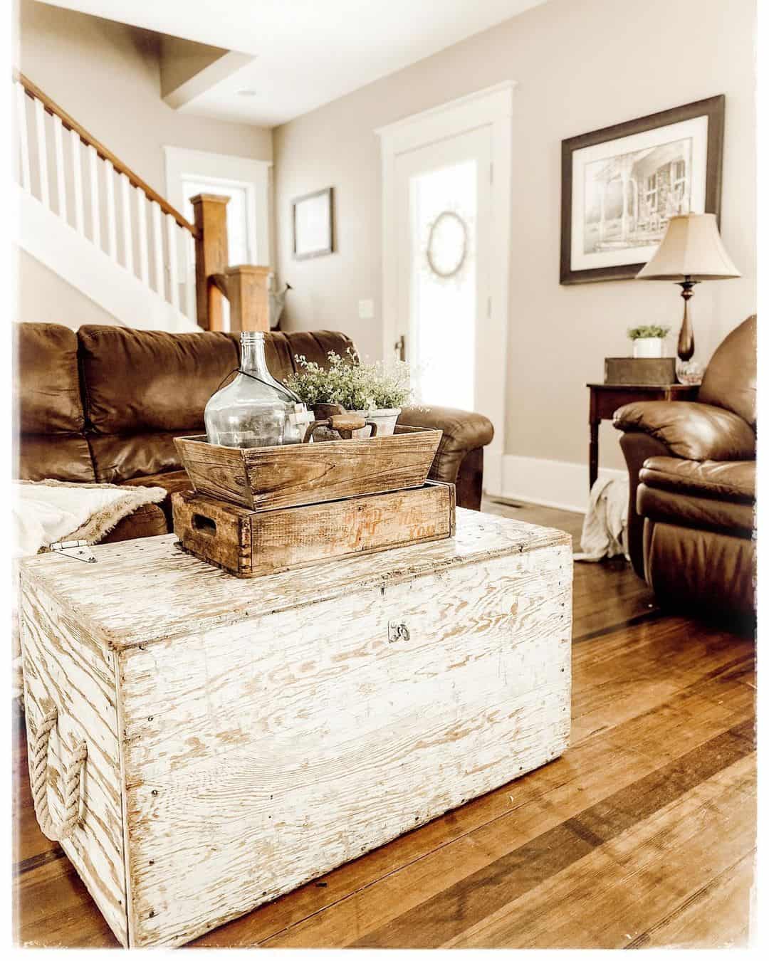 Distressed Wooden Trunk Adds Rustic Charm to Coffee Table Display