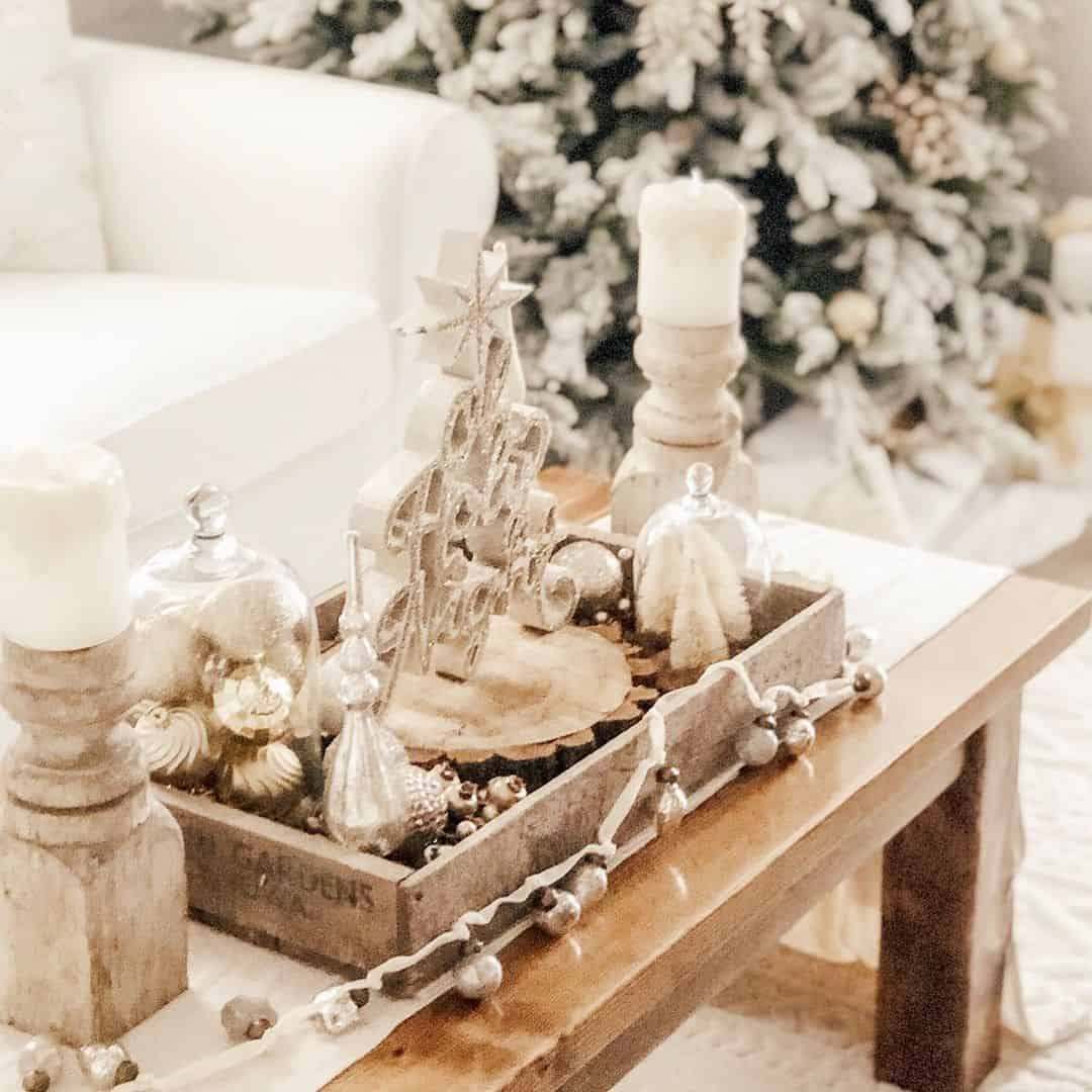 Wooden Tray Displays Holiday Sparkle and Natural Elements
