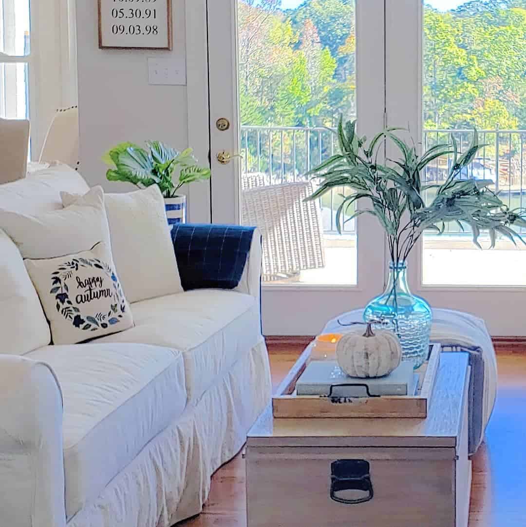Tray with Blue Vase and White Pumpkin