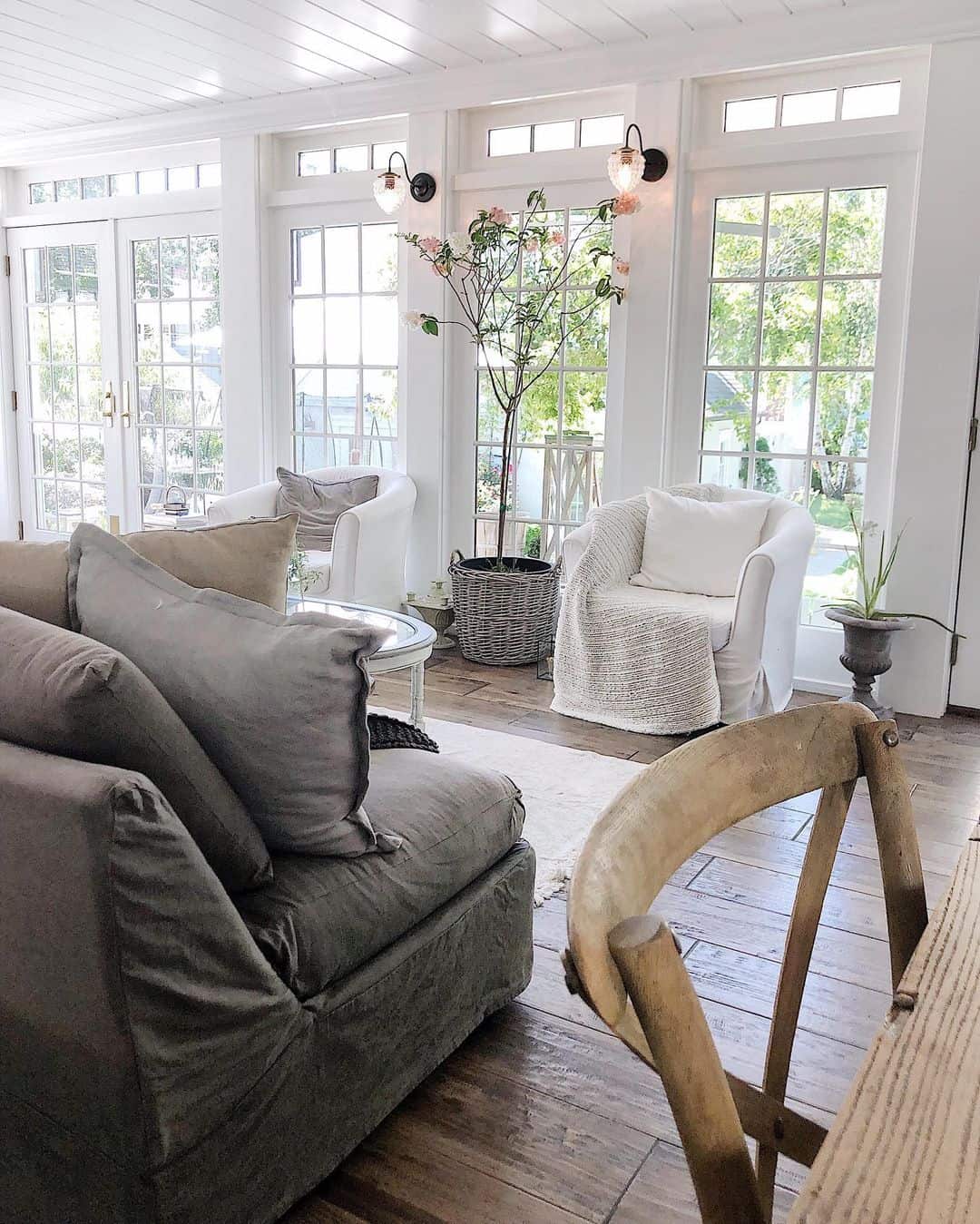 Tall Faux Tree Adds Vertical Interest Between Windows