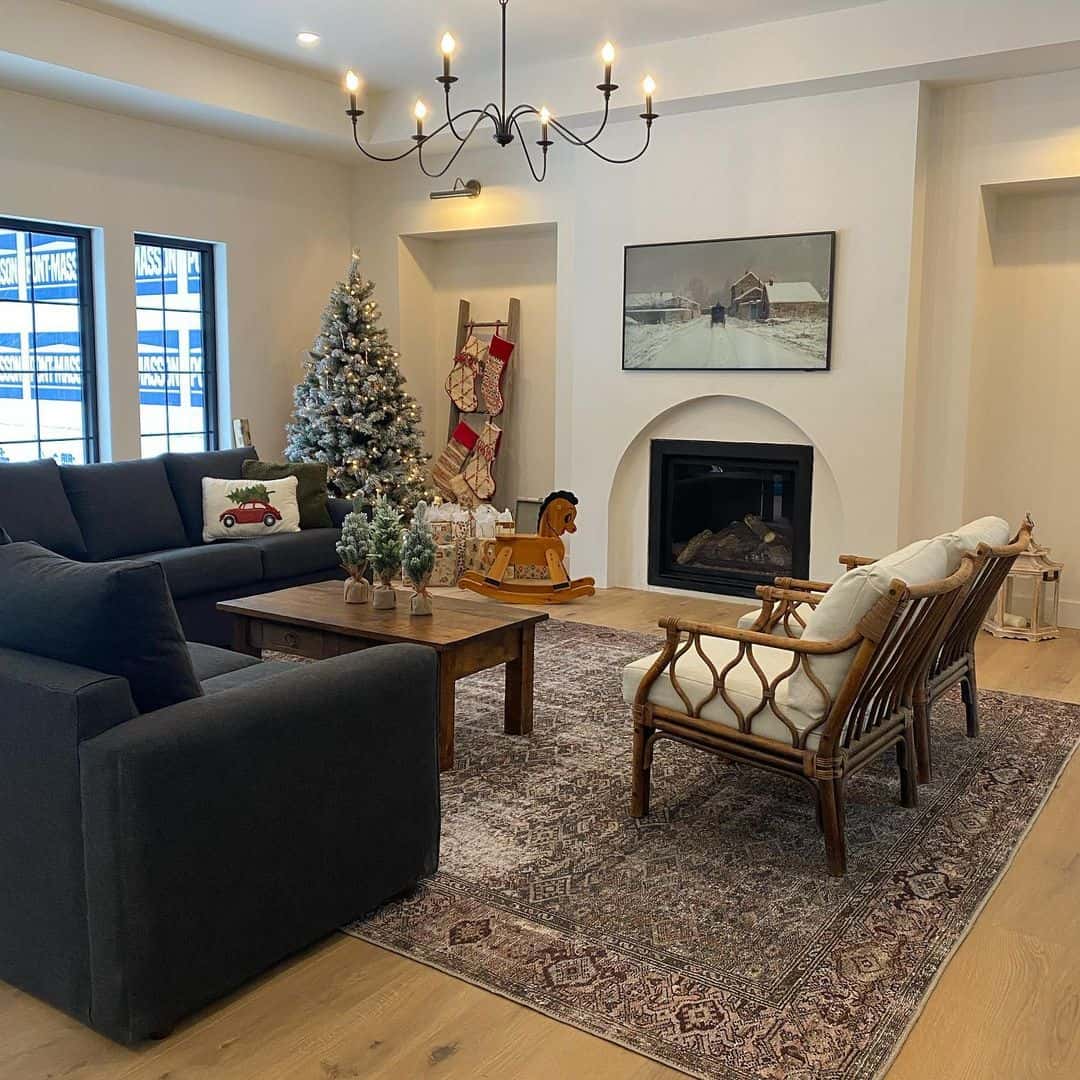 Wooden Ladder Holds Festive Stockings By Fireplace