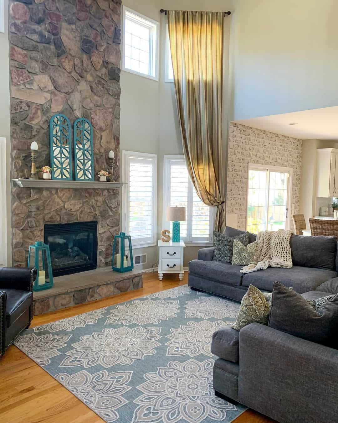 Turquoise Lanterns Add a Pop of Color to the Hearth