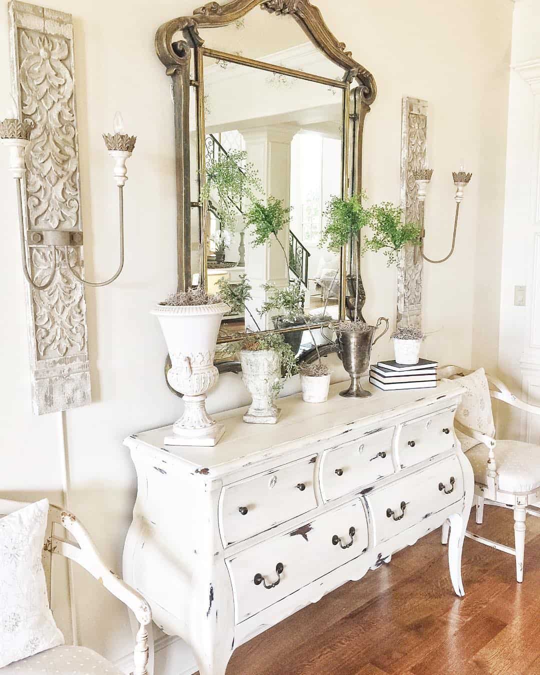 Distressed White Dresser with Ornate Mirror
