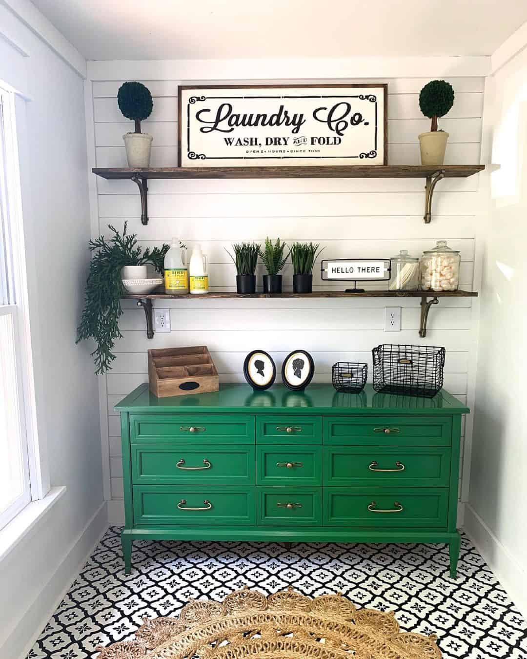 Emerald Dresser Anchors Laundry Room with Vintage Charm