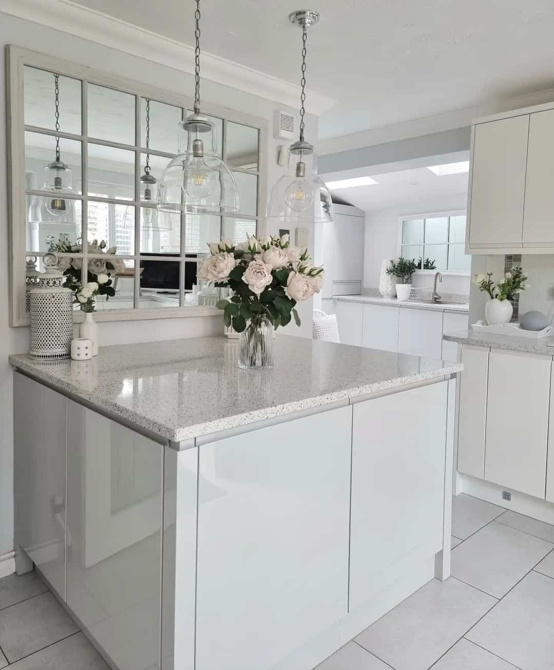Windowpane Mirror Backsplash Reflects Light and Adds Depth