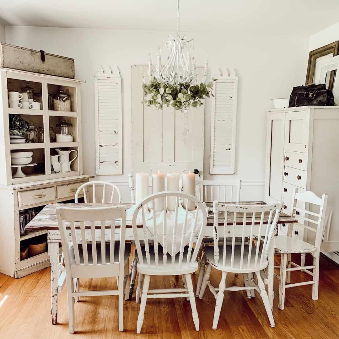 Distressed White Chairs and Weathered Wood Table