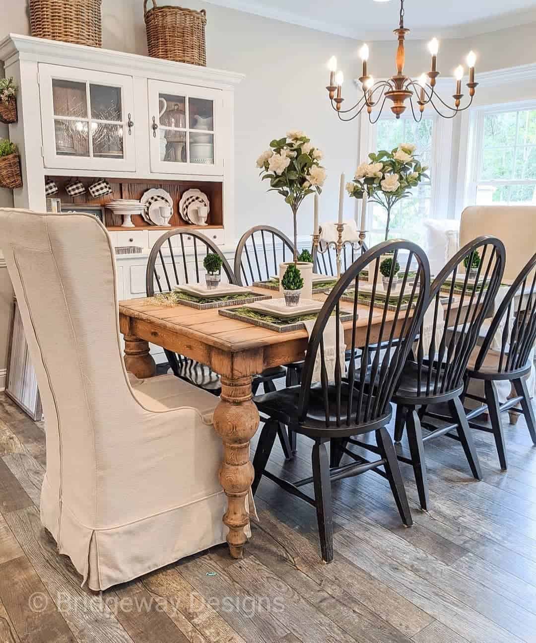 Wood Table with Spindle Chairs and Slipcovered Seating