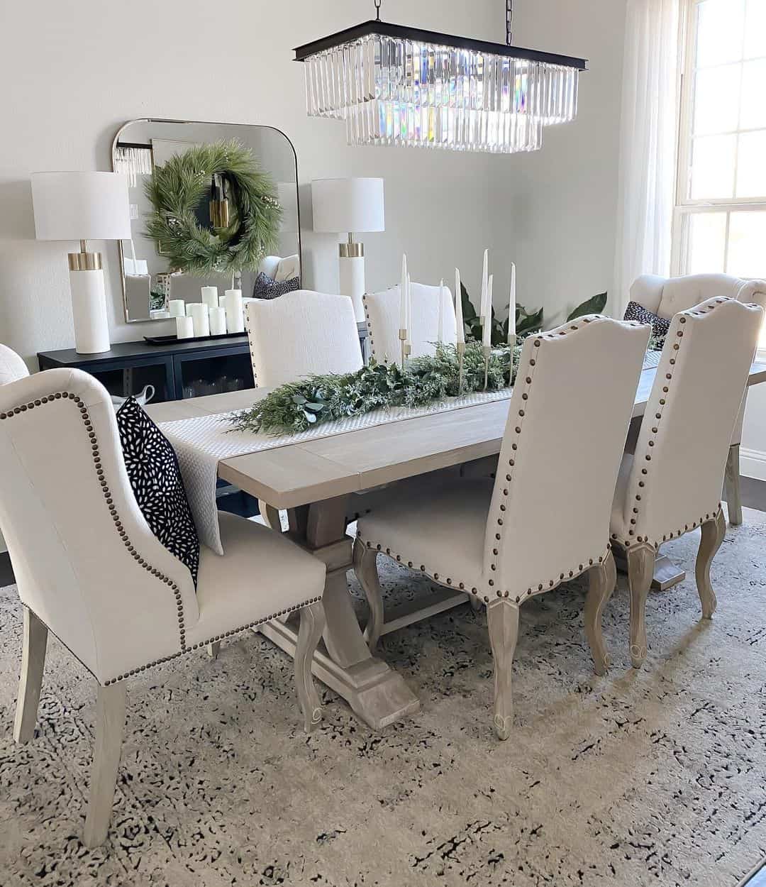 Wood Table with Studded Upholstered Chairs