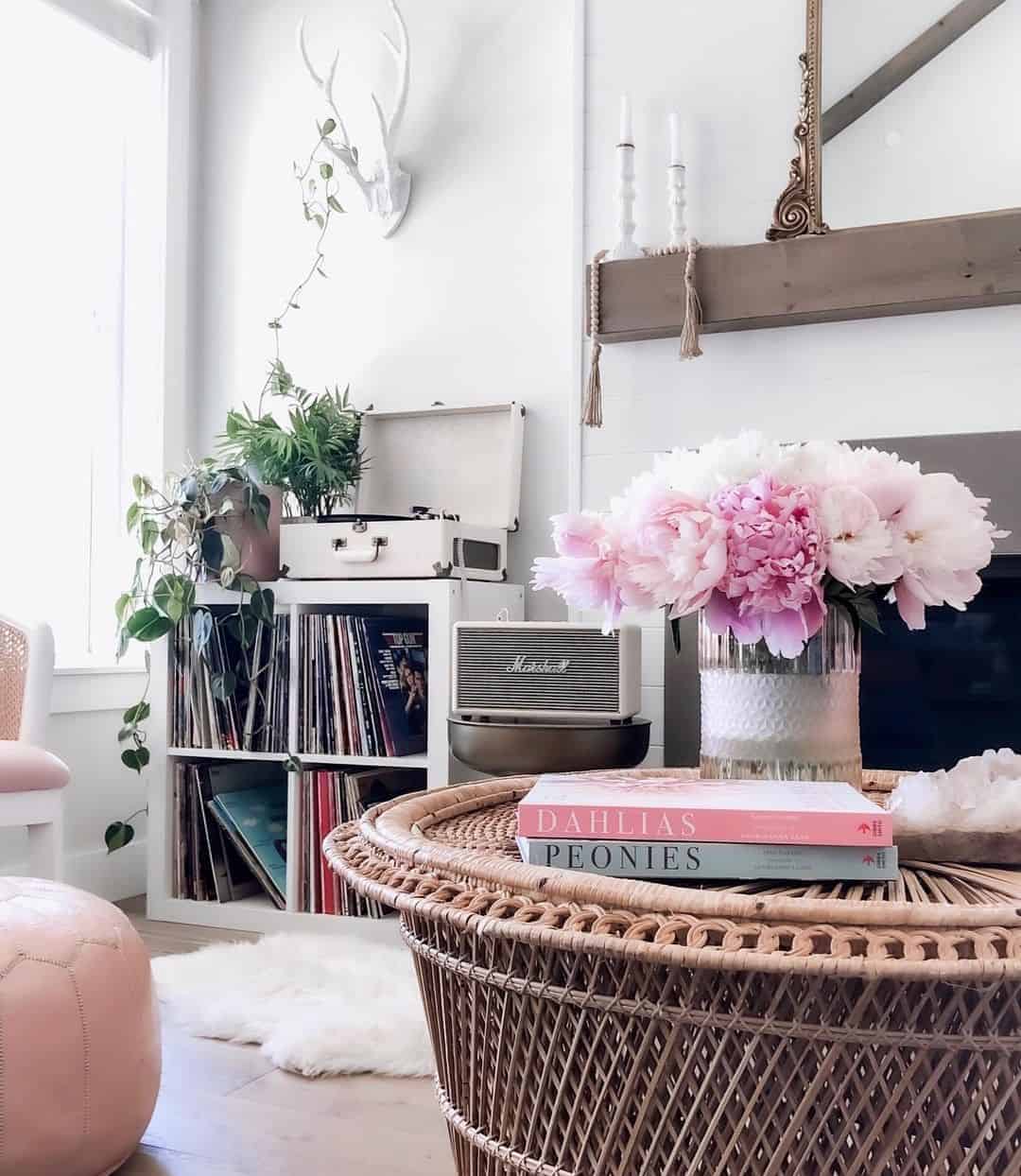 Stack Books on a Woven Coffee Table for Color