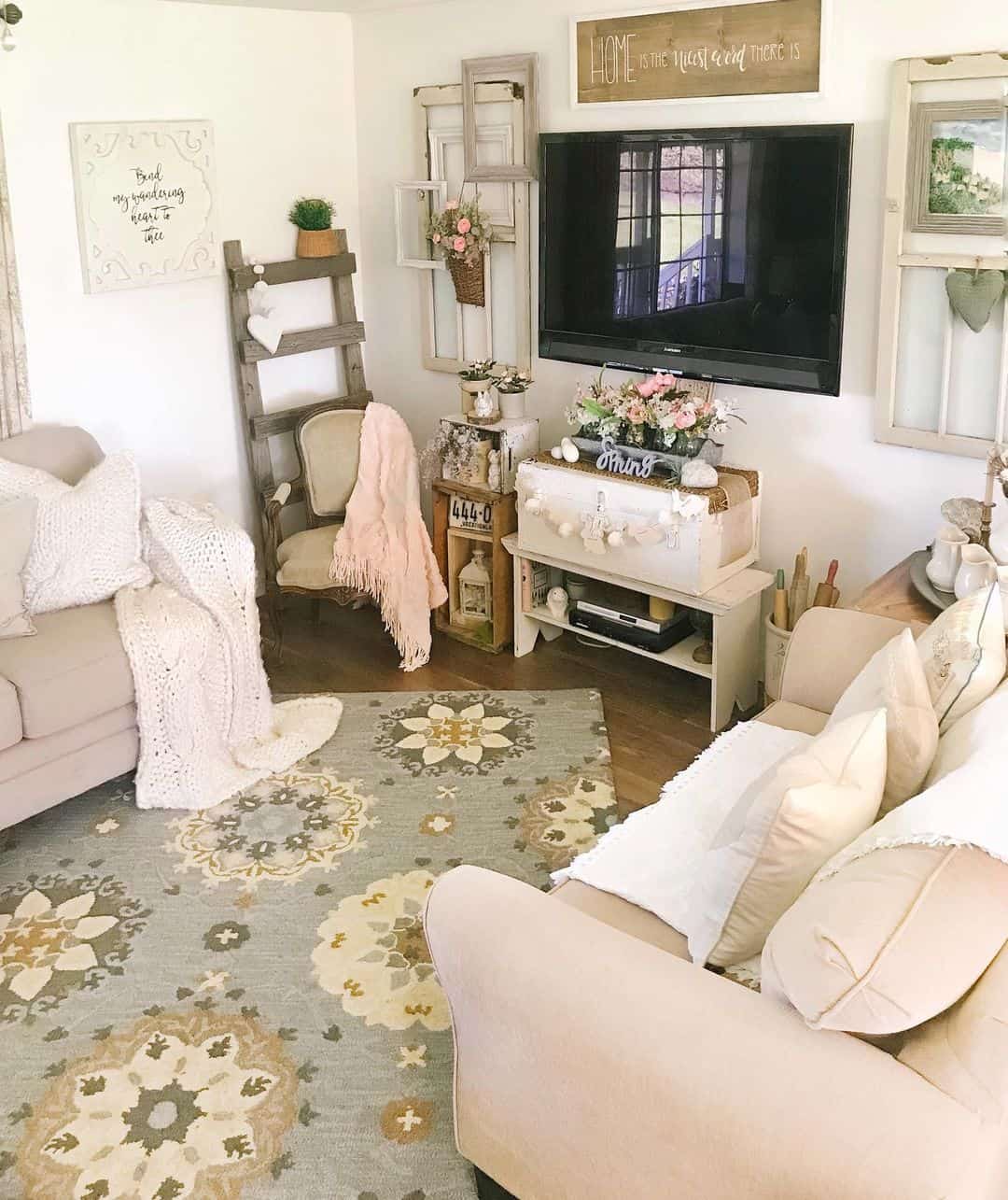 Repurposed Window Frames Create A Gallery Wall Behind The TV
