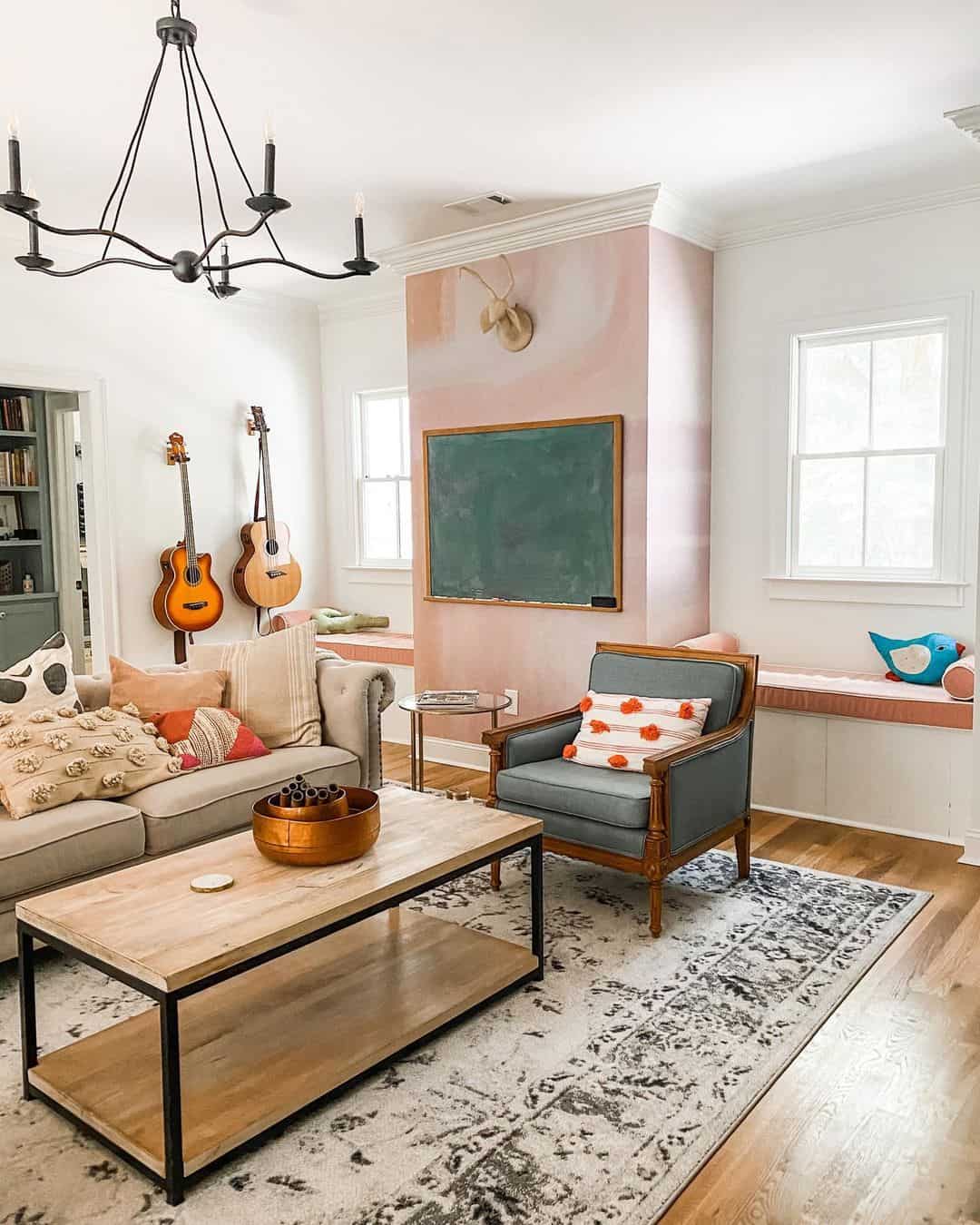 Pink Accent Wall Frames a Chalkboard for Farmhouse Flair