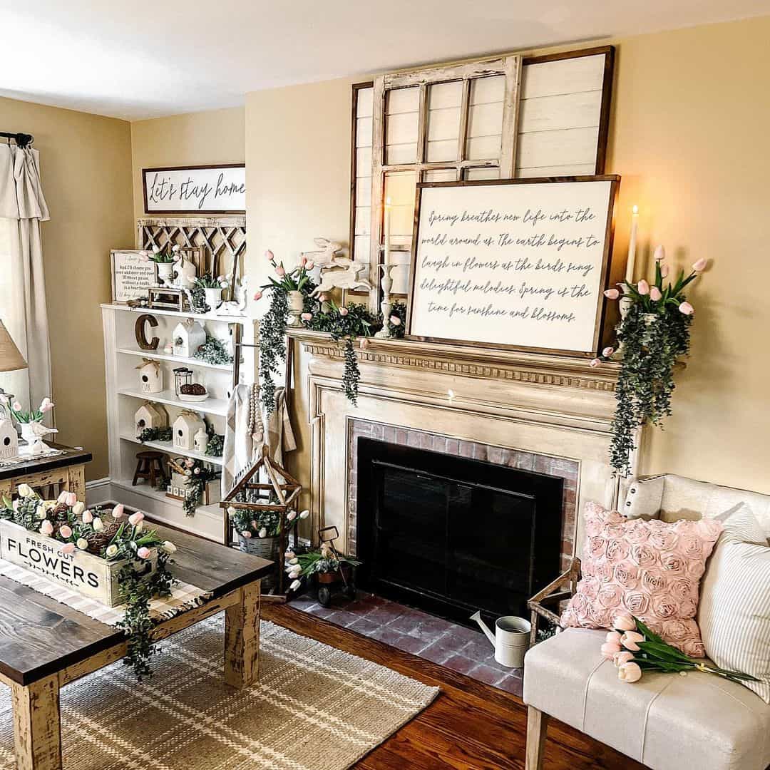 Wooden Window Frame Serves As A Rustic Backdrop For A Fireplace Sign
