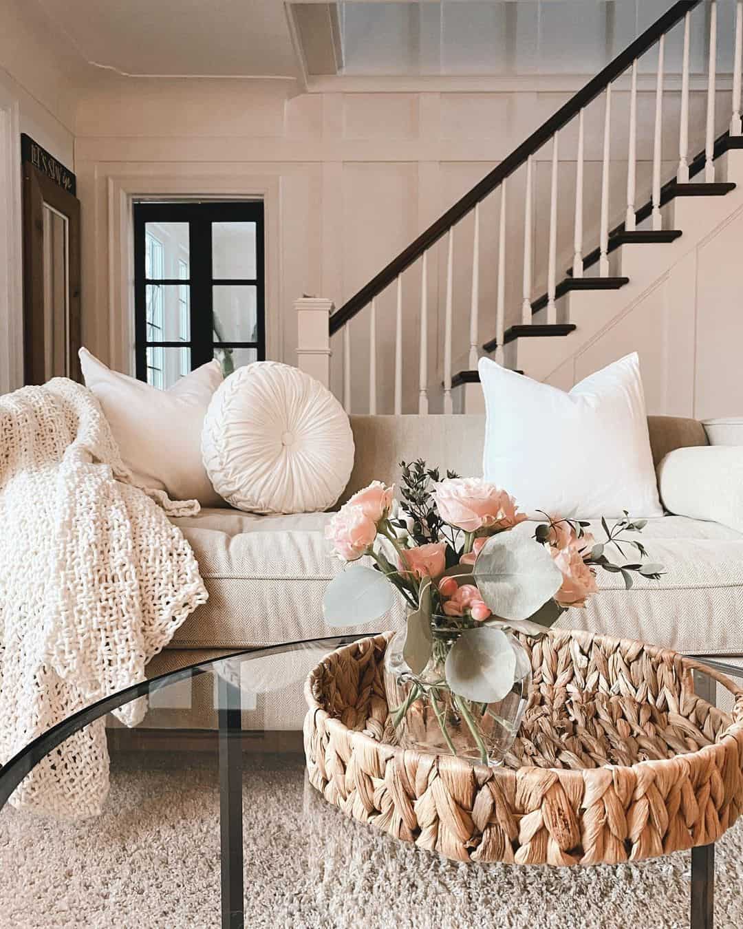 Style Your Coffee Table with Roses and Greenery in a Woven Tray