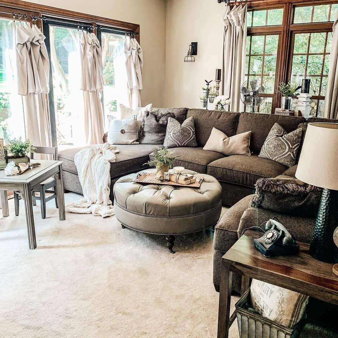 Round Tufted Ottoman Tray With A Subtle Wood Grain