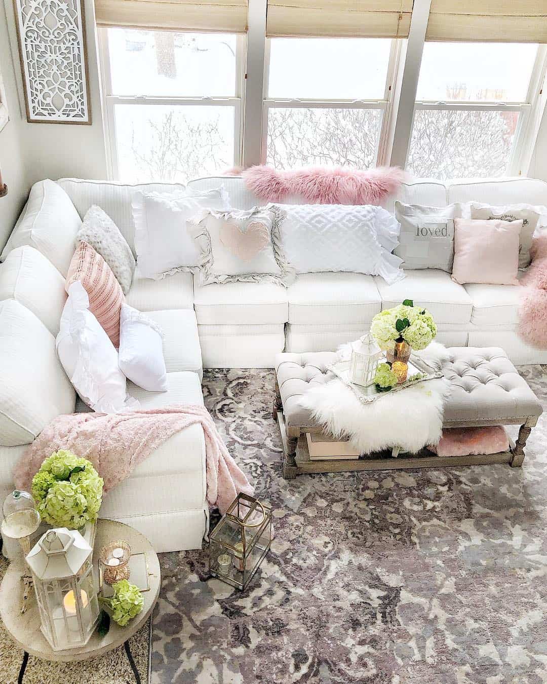 Silver Tray with Flowers and Fur Accents on Tufted Ottoman