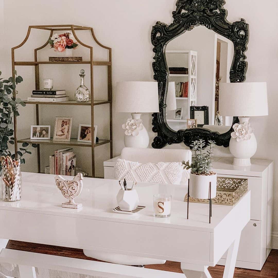 Anchor a Glamorous Desk Setup with an Ornate Black Mirror