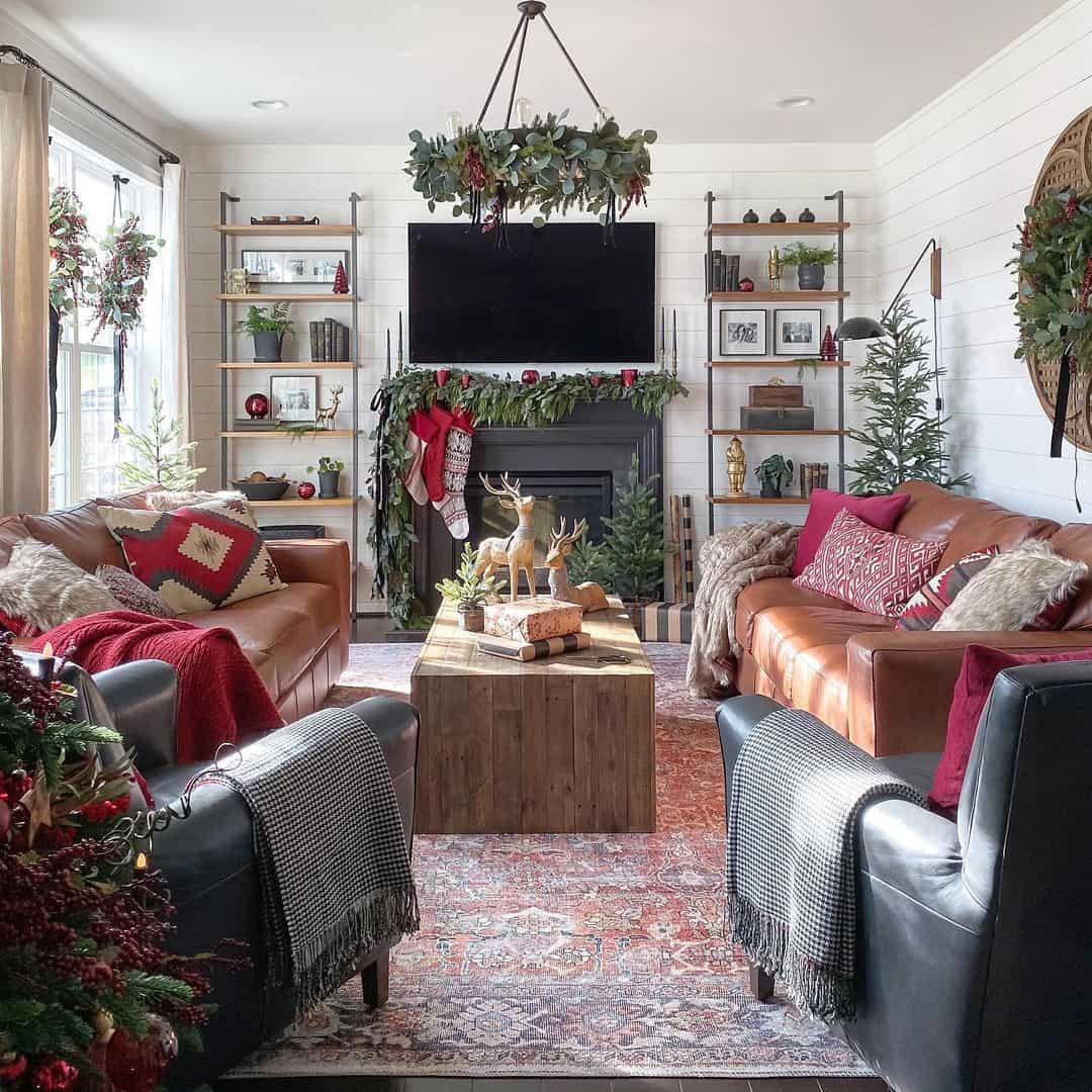 Rustic Wood Coffee Table Anchors the Living Room's Festive Decor