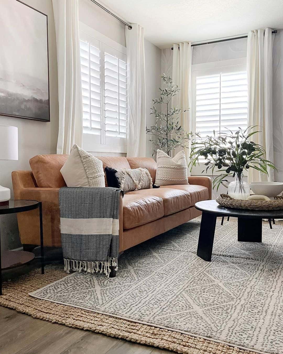 Round Black Coffee Table with Woven Tray