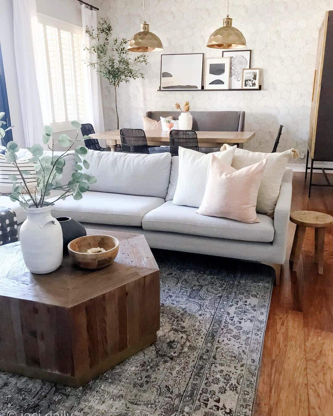 Faceted Wood Table with Brass Trim
