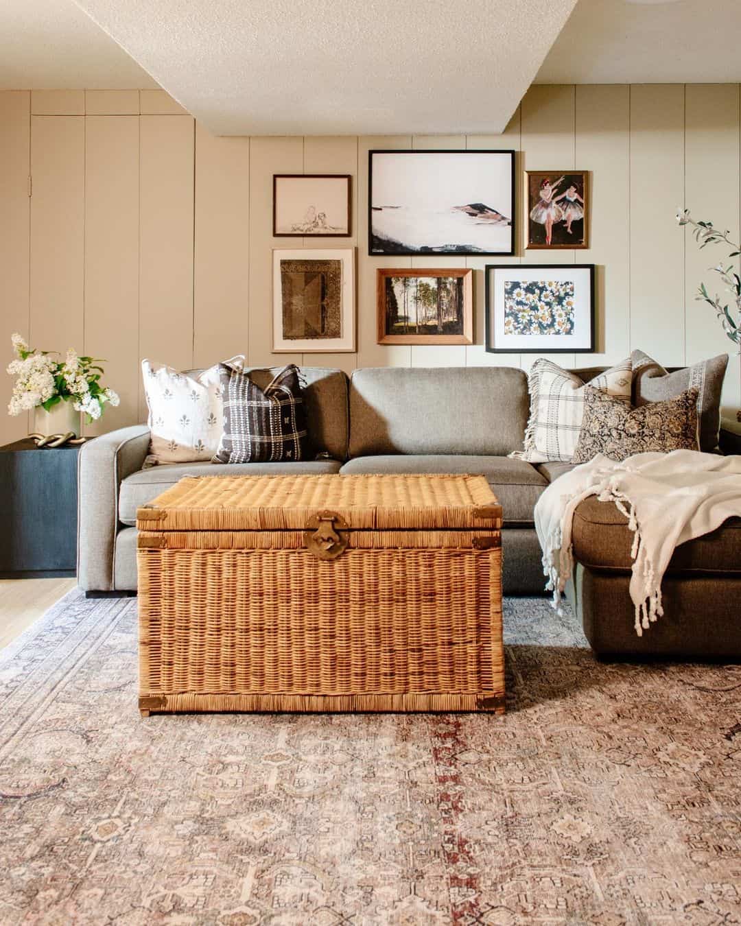 Woven Trunk Table with Brass Hardware for Hidden Storage