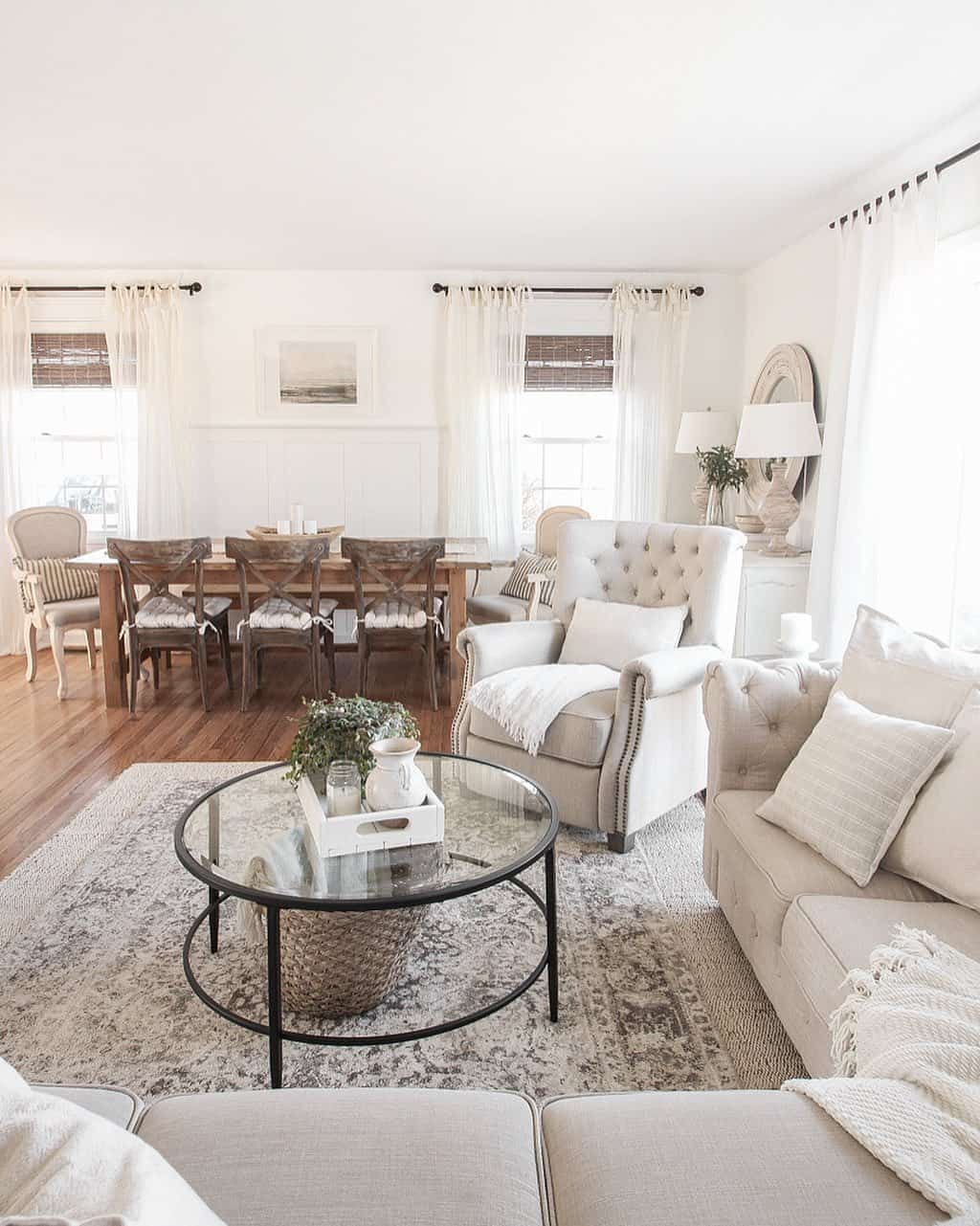 Conceal Clutter with a Glass-Top Table and Woven Basket