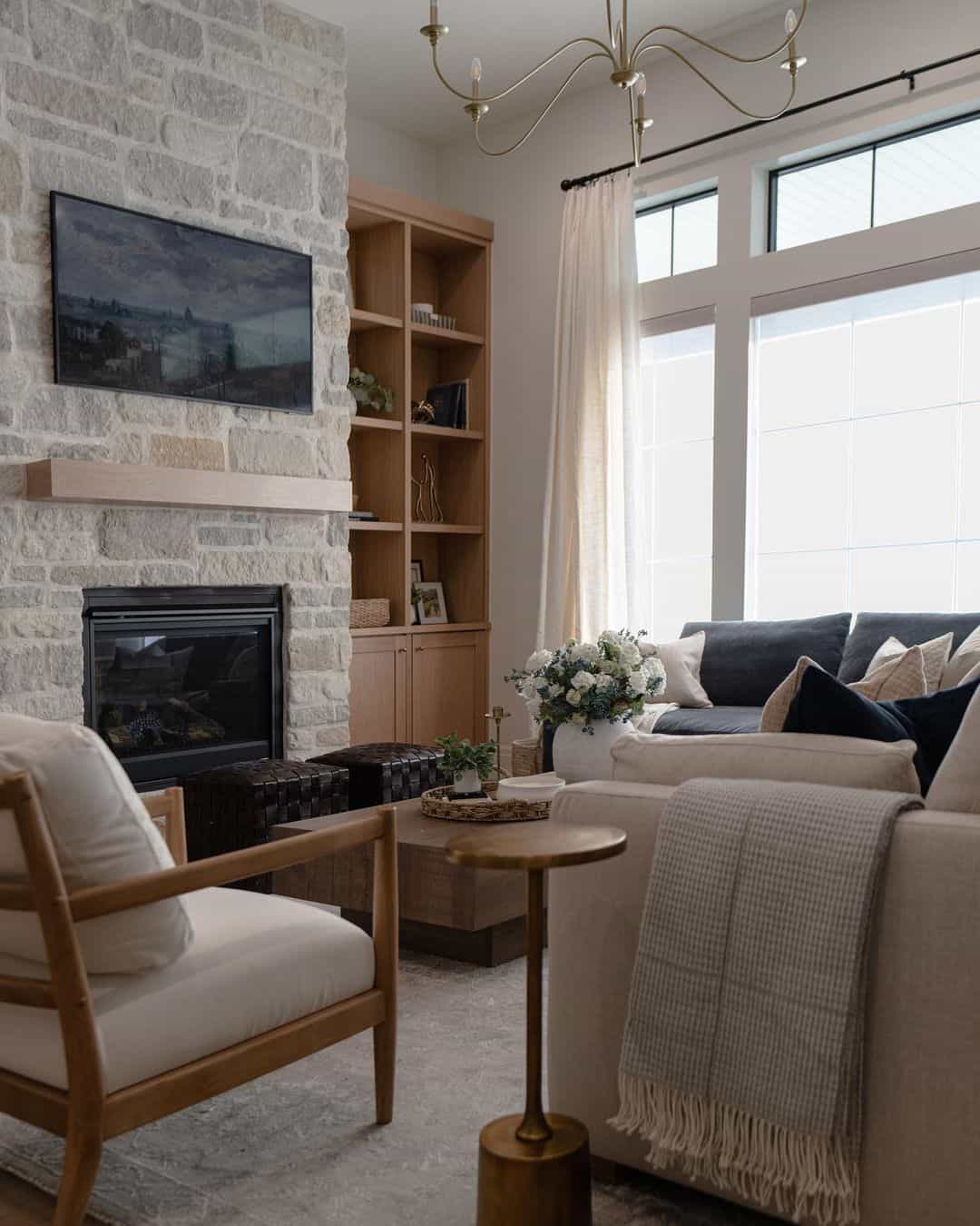 Built-in Wood Shelving Frames the Fireplace TV for Storage and Display