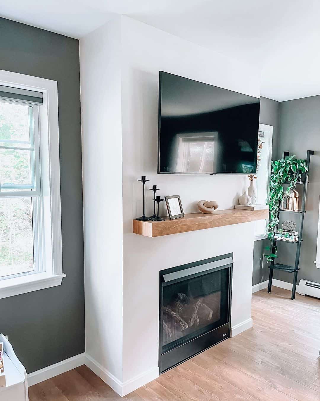 Floating Wood Mantel Frames Fireplace With Minimalist Decor