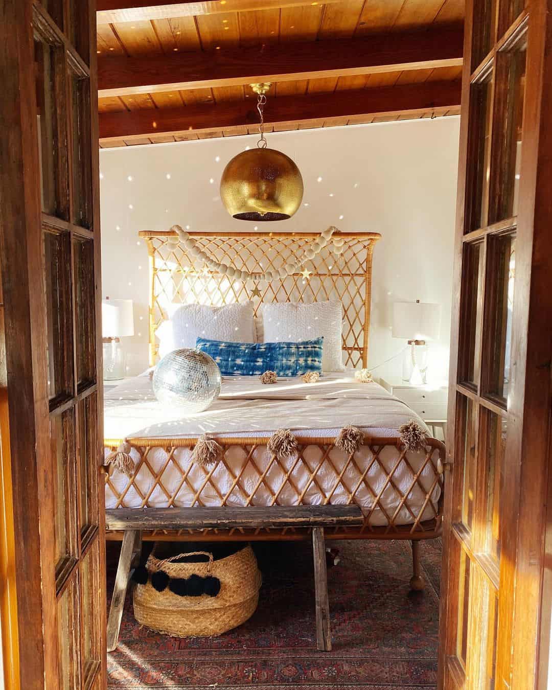 Woven Rattan Bed Frame With Tassel Accents