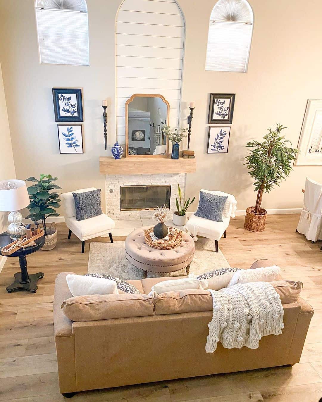 Arched Shiplap Wall Frames Fireplace and Mirror
