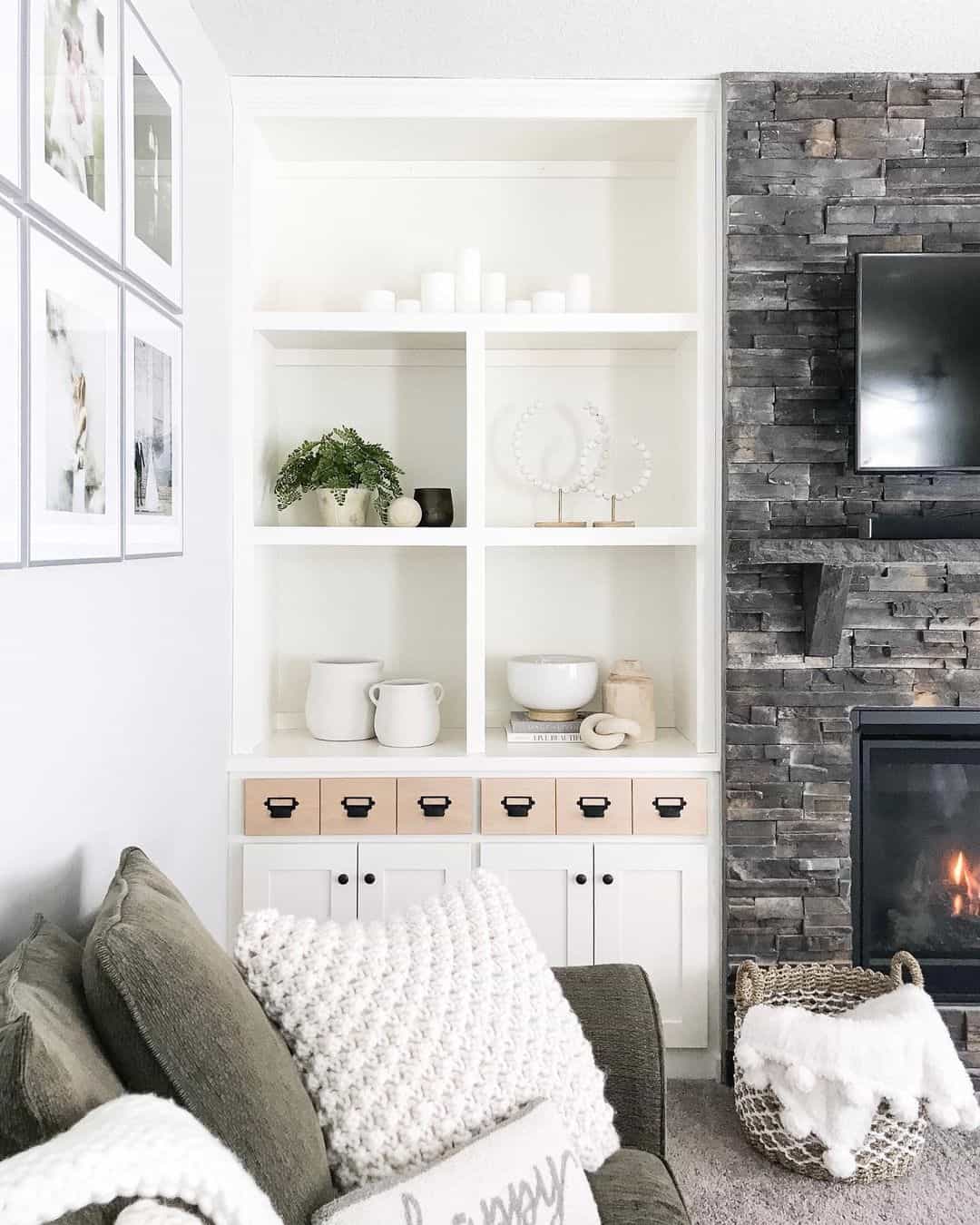 Contrast White Shelving with Natural Wood Drawer Fronts