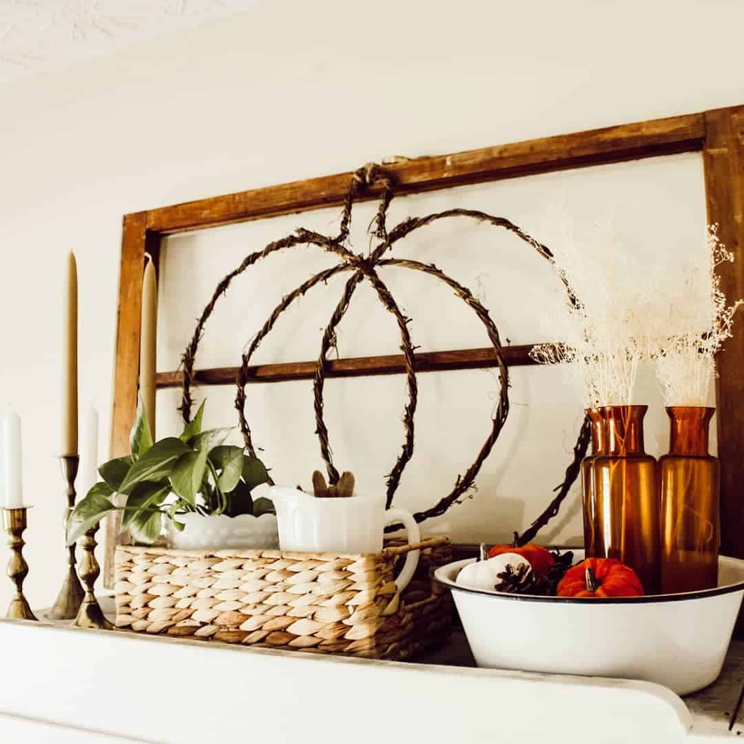 Showcase Twig Pumpkins in a Vintage Window Frame