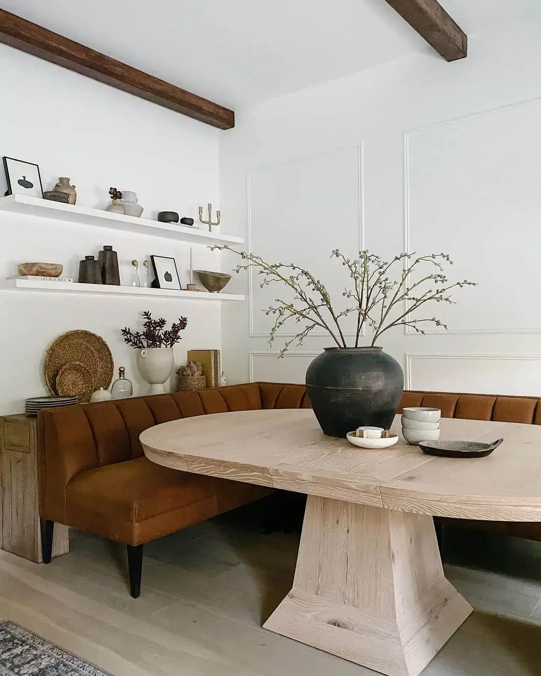 Fluted Brown Leather Banquette Seating Creates a Cozy Nook