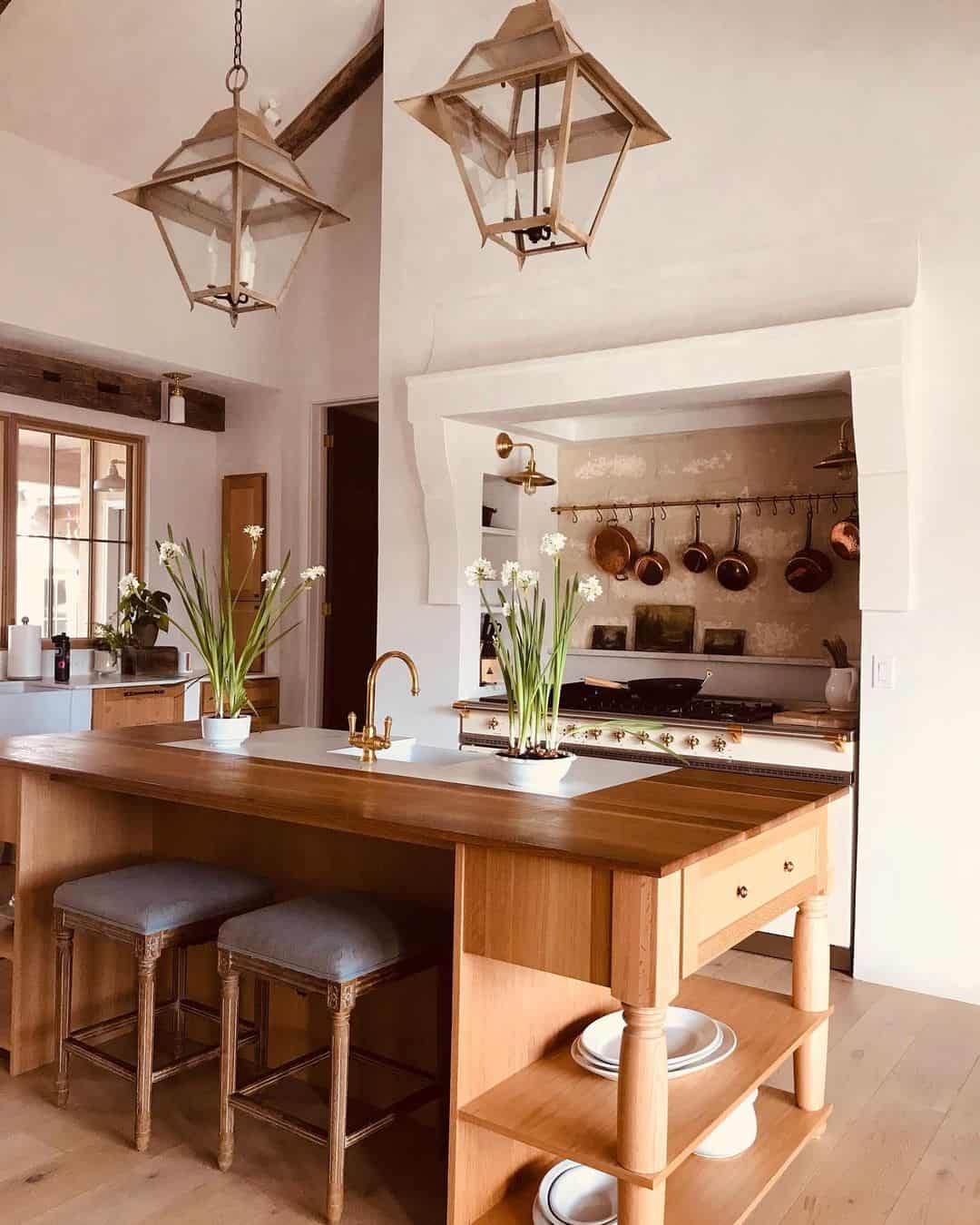 Wooden Island With Tiered Shelves Displays Everyday Dishes