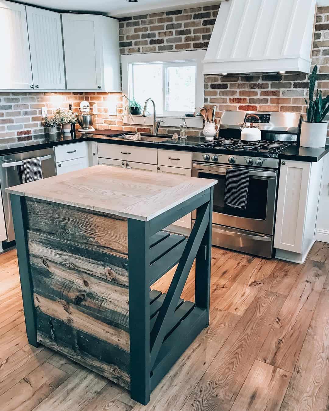 Rustic Wood Island With X-Braced Sides and Open Shelving