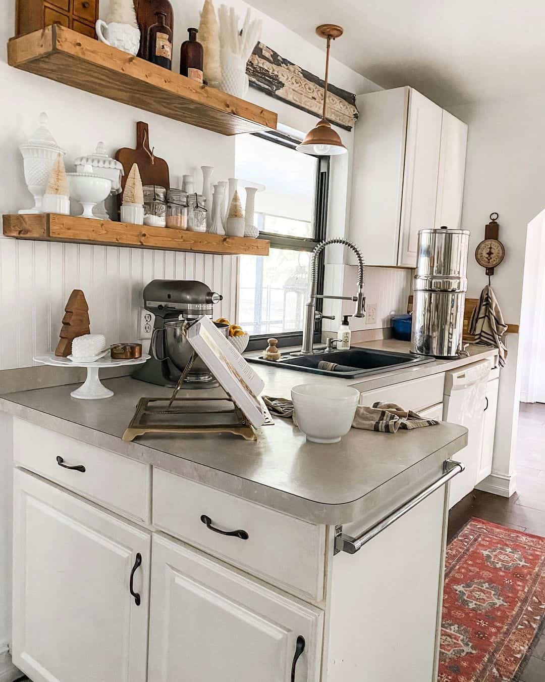 Vintage Jars and White Vases Adorn Open Wooden Shelves