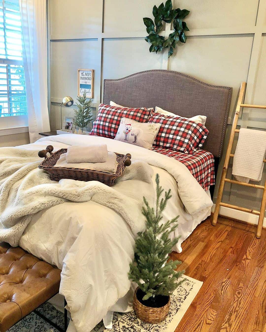 Small Potted Evergreen Adds Festive Cheer to Bedroom Corner