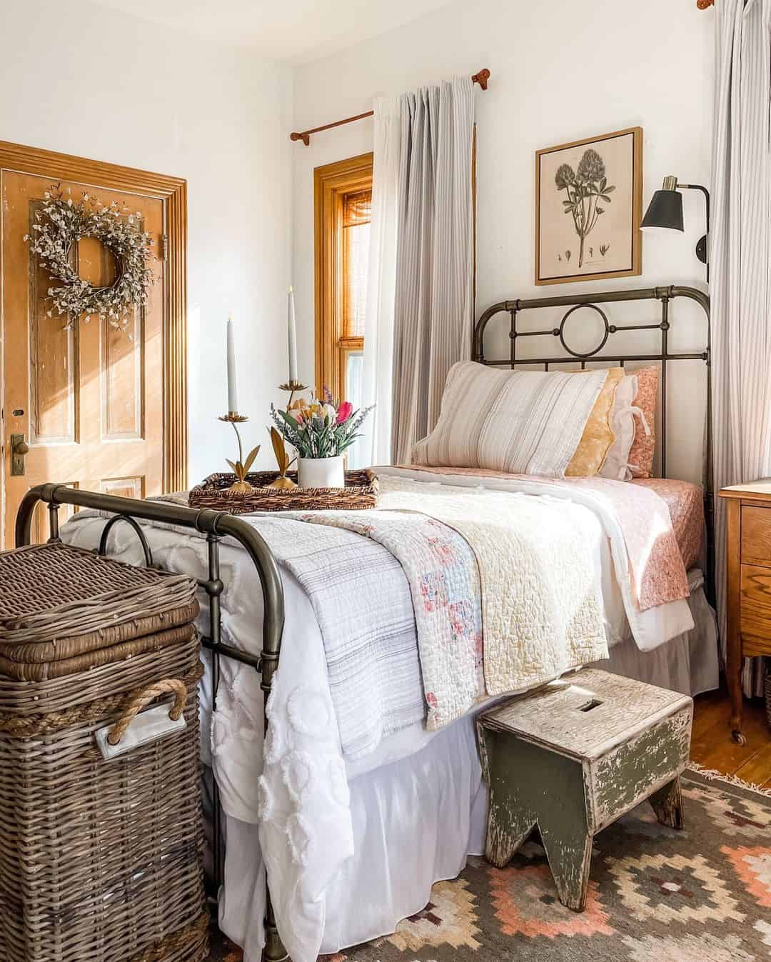 Distressed Wooden Stool Adds Rustic Charm Beside Bed