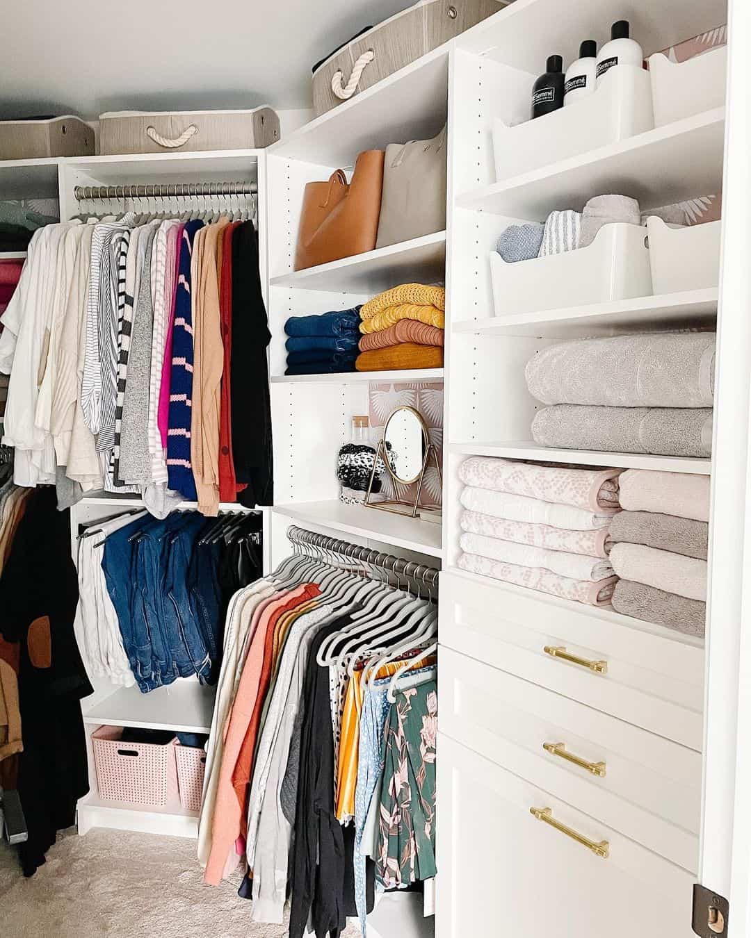 White Bins Keep Folded Towels Neat on Shelves