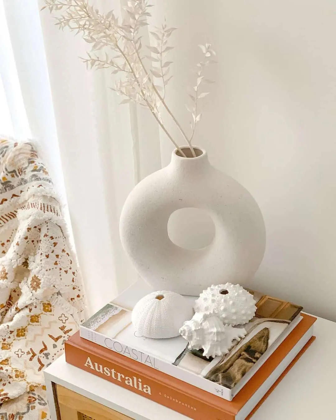 Stack of books anchors a display of white sea urchins